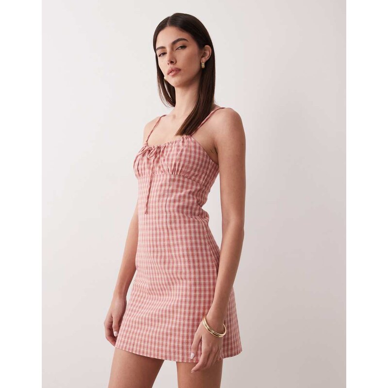 Rhythm gingham print gathered mini dress in pink