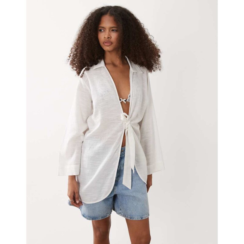 Accessorize tie front beach shirt in white 115415089