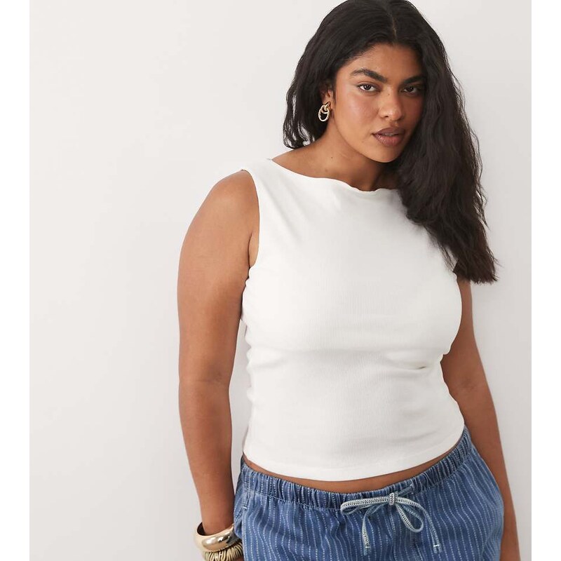 Brave Soul Plus Brave Soul Curve high neck vest top in off white 115527429