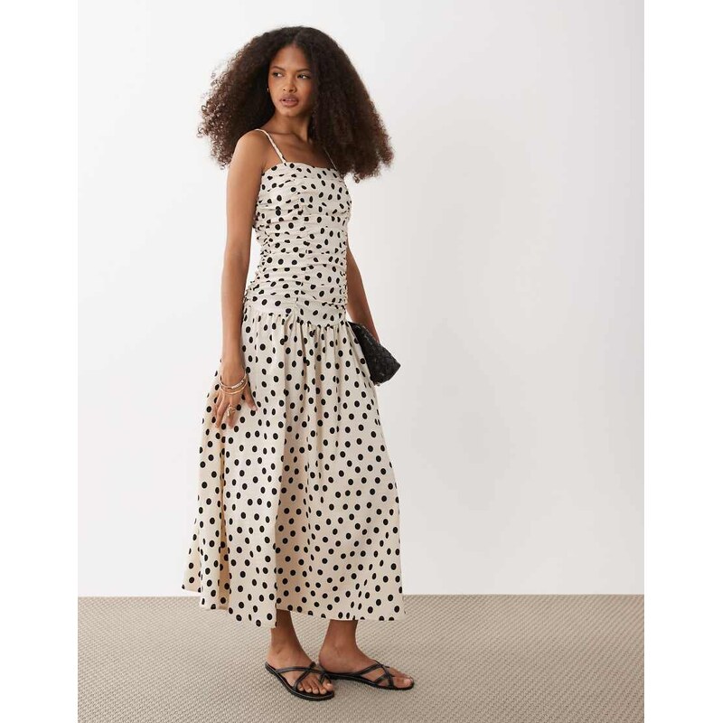 Brave Soul strappy midi polka dot dress with drop waist in cream-White 115549575