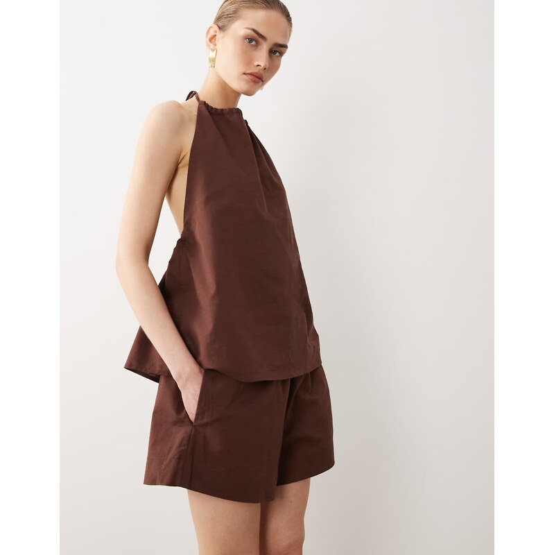 SNDYS linen blend pull on shorts co-ord in chocolate-Brown 115505238