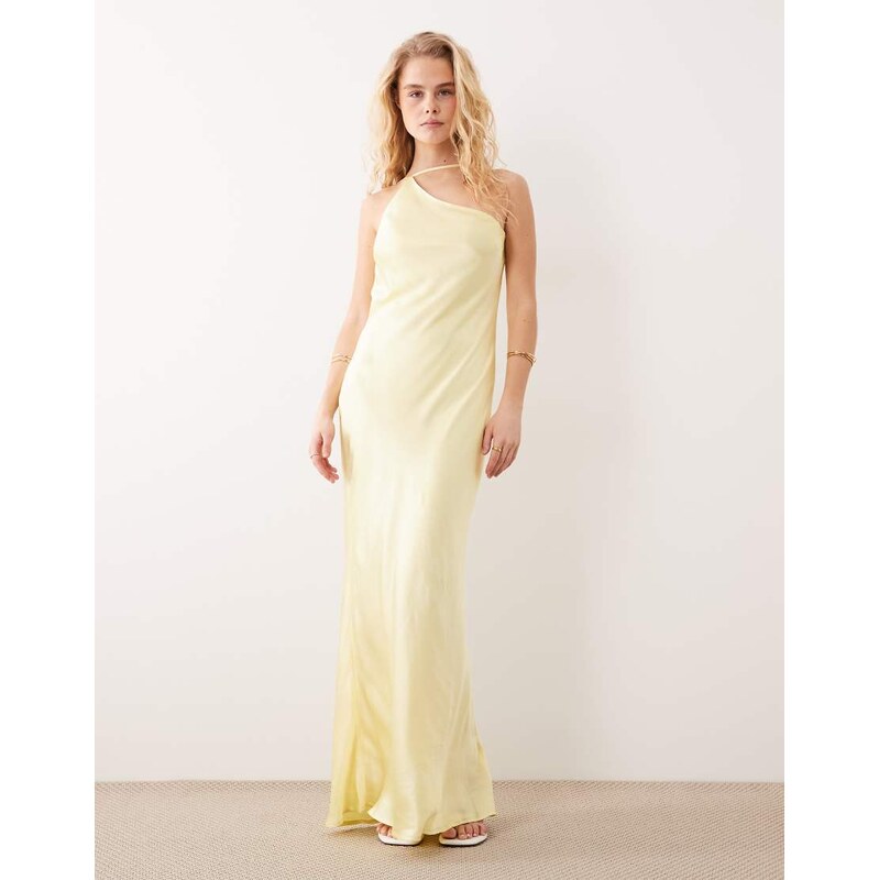 SNDYS satin asymmetric shoulder cowl back strappy maxi dress in