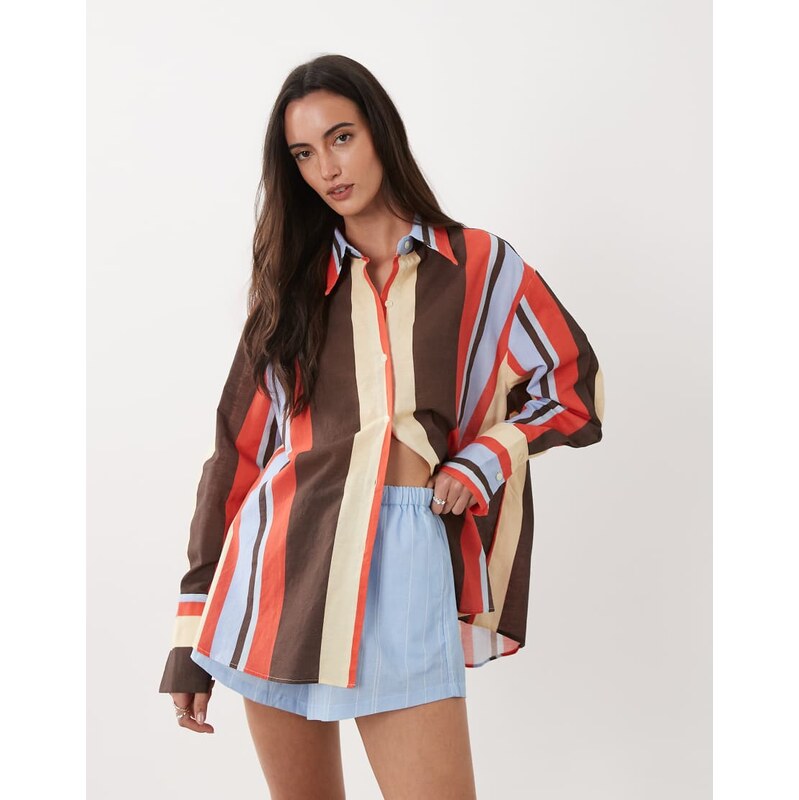 SNDYS linen blend drawstring waist shorts co-ord in blue pinstripe 115499473