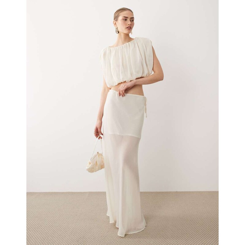 SNDYS chiffon contrast sheer tie side maxi skirt co-ord in off