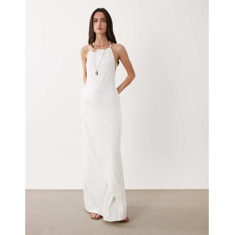 SNDYS cotton blend halterneck low back side drape detail maxi dress in 115505240
