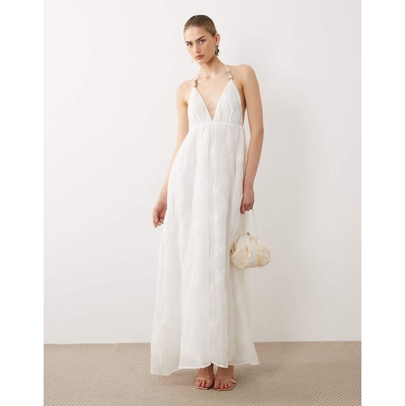 SNDYS linen look textured floral bead detail plunge halterneck maxi 115499479