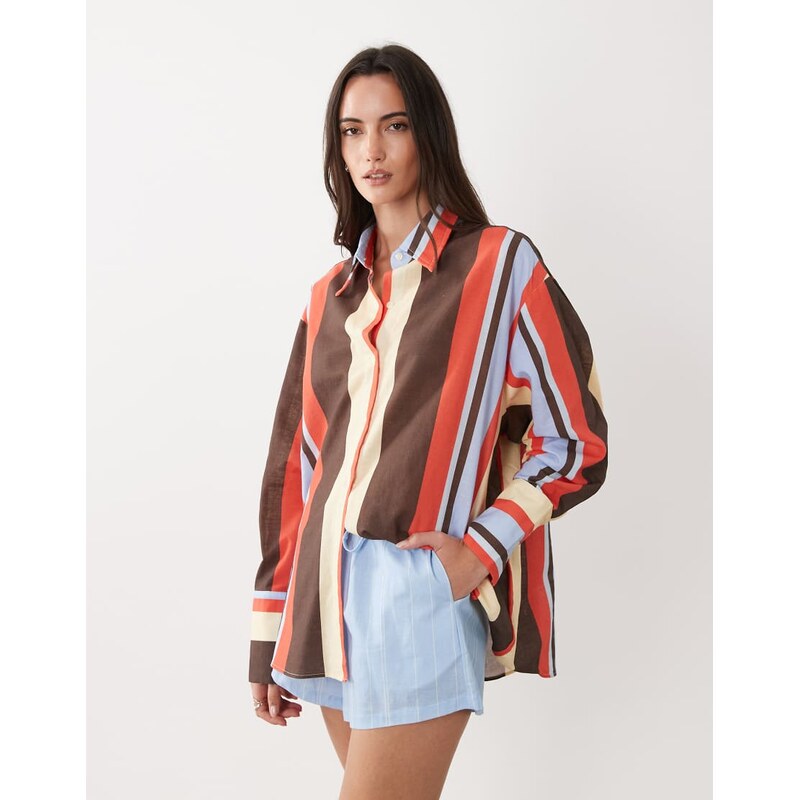 SNDYS linen blend oversized shirt co-ord in multi stripe 115499478
