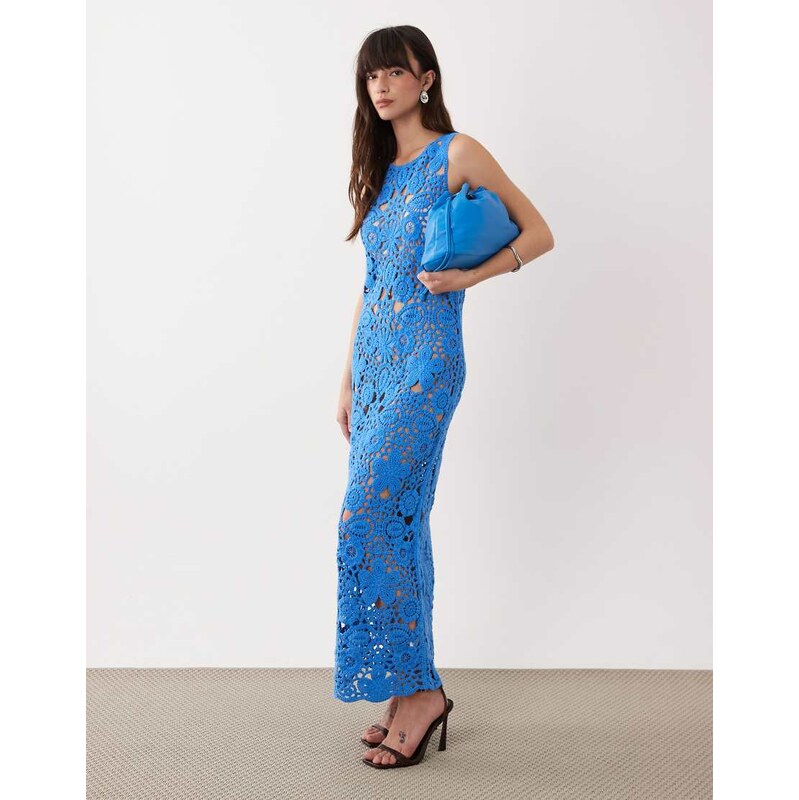 SNDYS cotton rich flower open crochet maxi dress in blue 115499482
