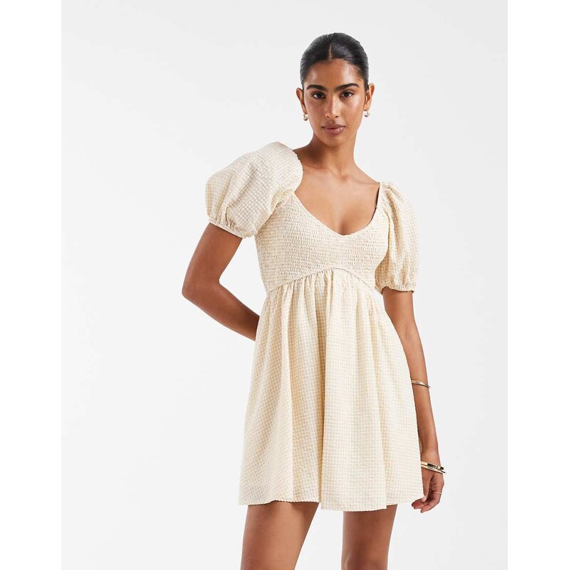 Kiss The Sky babydoll shirred mini dress in lemon yellow 115609951