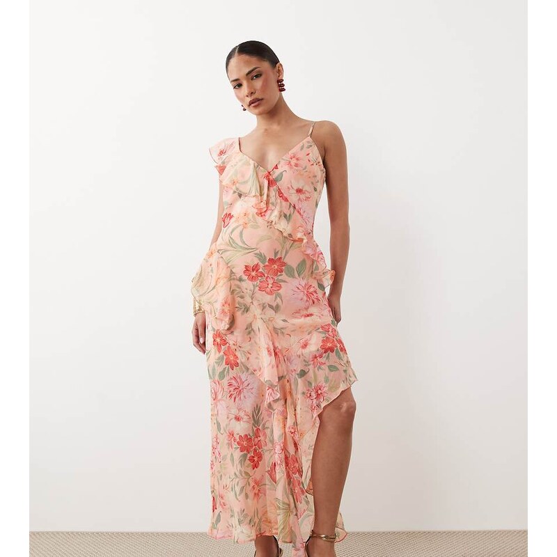 New Look Petite floral asymmetric chiffon midi dress in pink