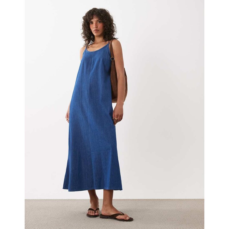 New Look trapeze denim midaxi dress in mid blue