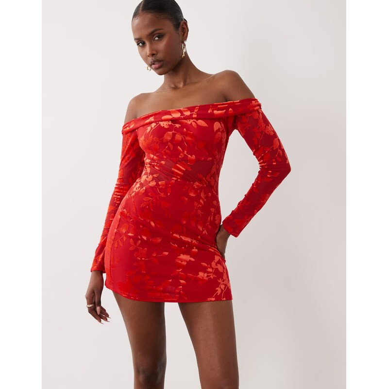 TFNC devoure bardot off shoulder long sleeve mini dress in Red 115723497