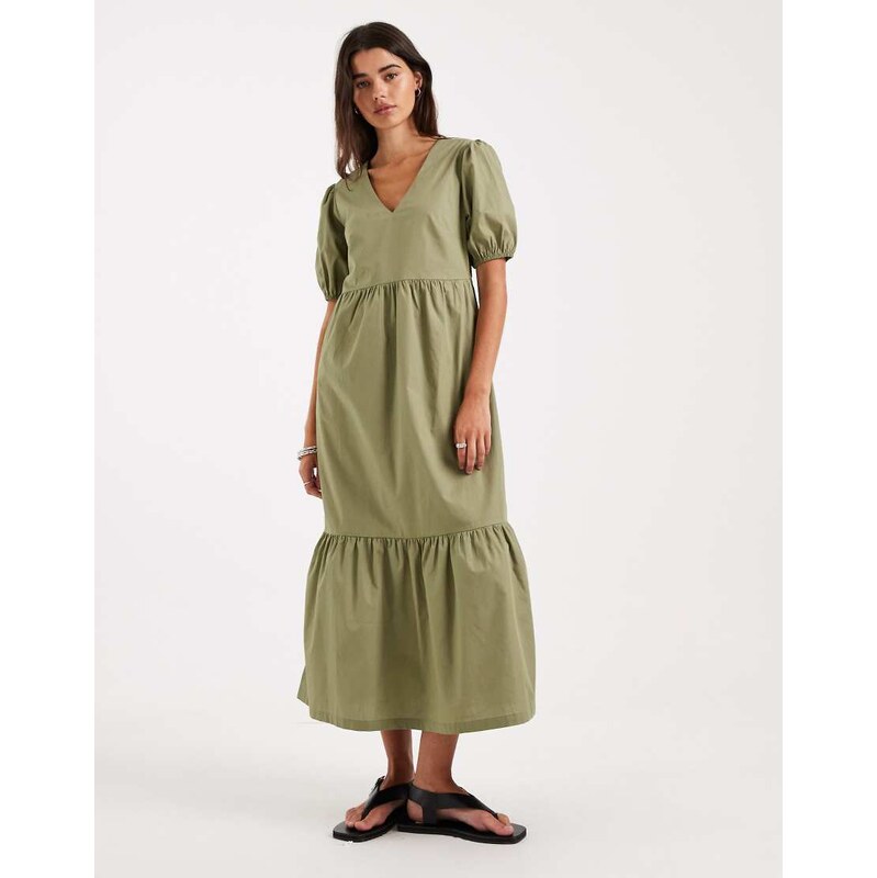 Threadbare poplin v neck puff sleeve midi dress in olive green