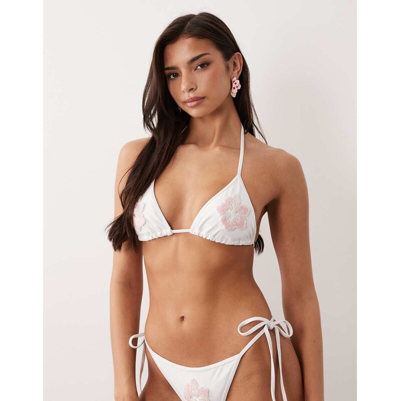 South Beach triangle bikini top with sequin flower patch in white 115422476