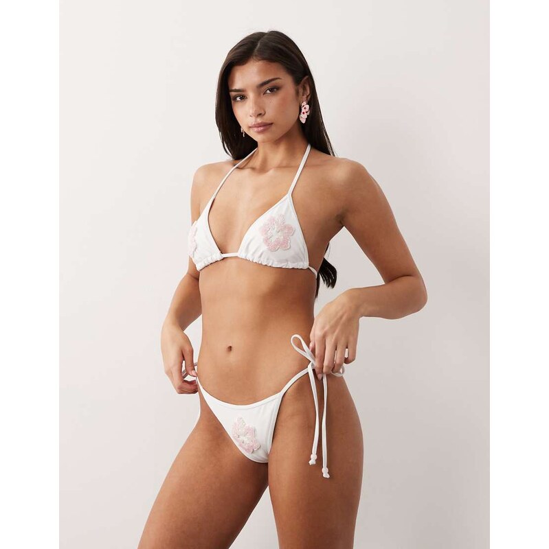 South Beach tieside bikini bottom with sequin flower patch in