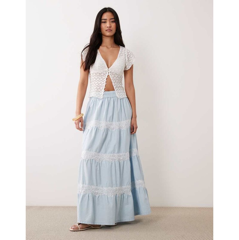Miss Selfridge lace mix chambray maxi skirt in light blue wash