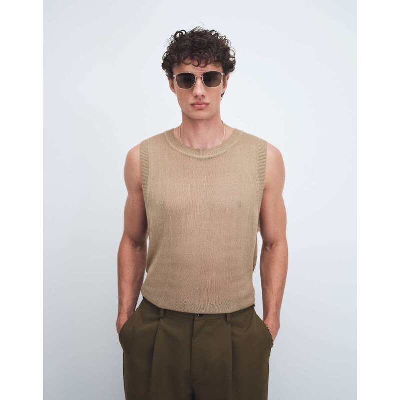 ASOS DESIGN relaxed knitted lightweight vest in beige-Neutral