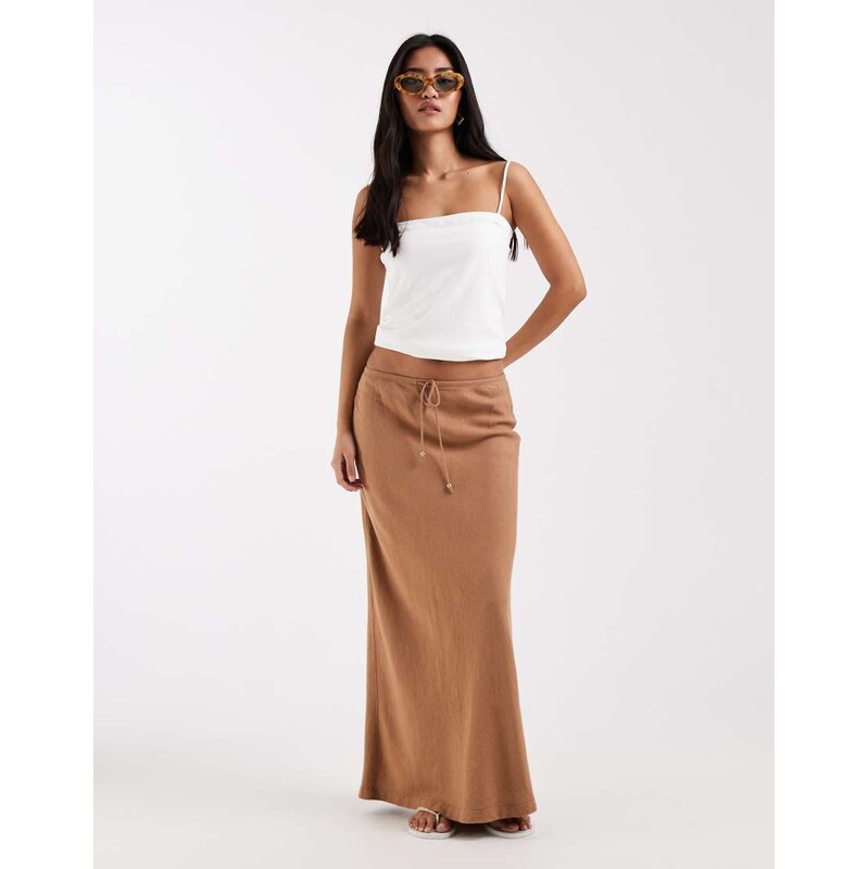 New Look linen blend bias midi skirt in tan-Brown