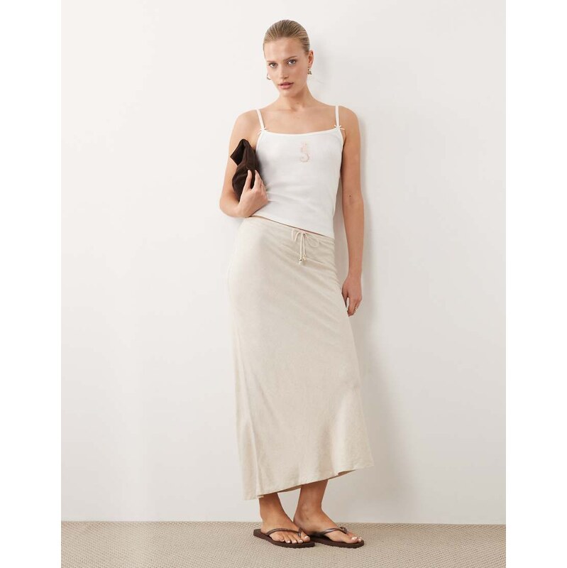 New Look linen blend bias midi skirt in stone-Neutral