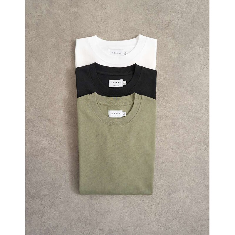 Topman 3 pack relaxed fit t-shirt in white, black and olive