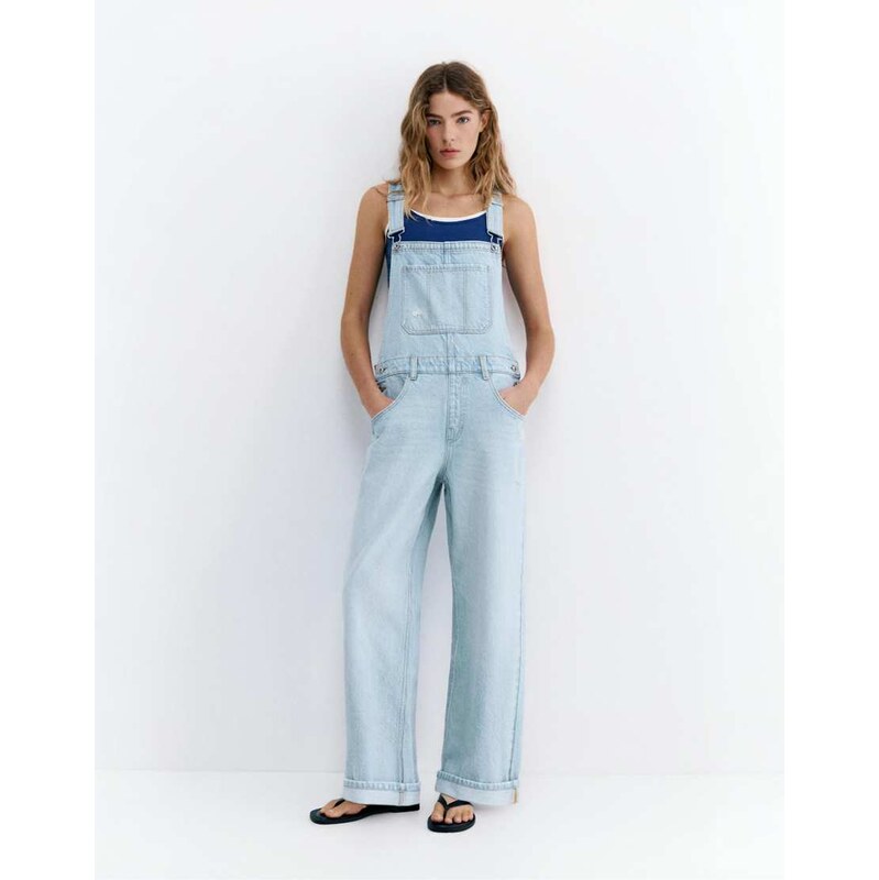 Pull&Bear Long denim dungarees in pale blue 115422584