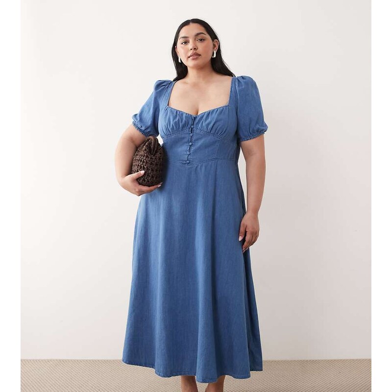 Nobodys Child Plus denim button front puff sleeve midi dress in blue 115485119