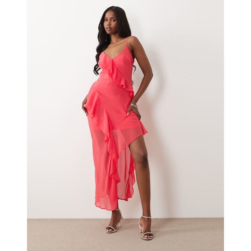 New Look asymmetric chiffon ruffle midi dress in coral-Pink