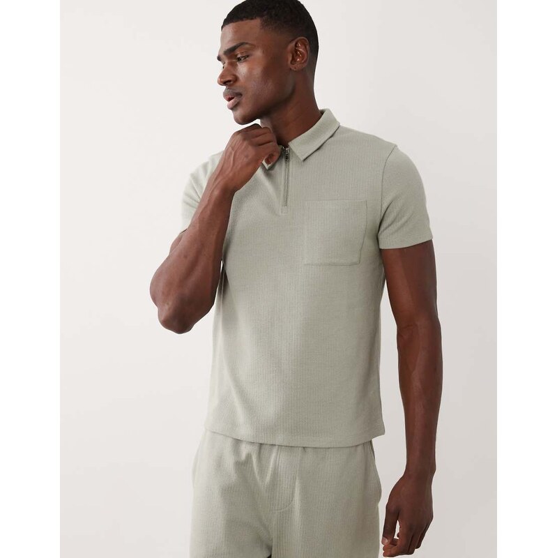New Look co-ord textured zip polo t-shirt in khaki-Green
