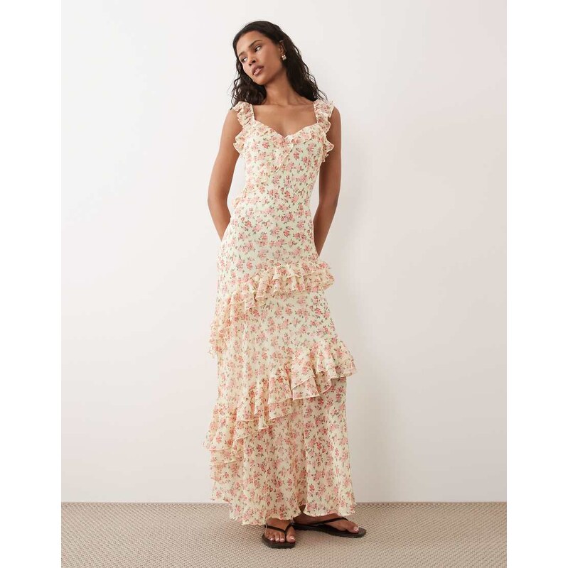 New Look floral bouquet print ruffle maxi dress in yellow