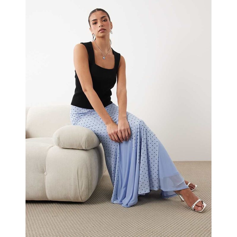 ASOS DESIGN spot mesh maxi skirt co-ord in blue polka dot-Multi