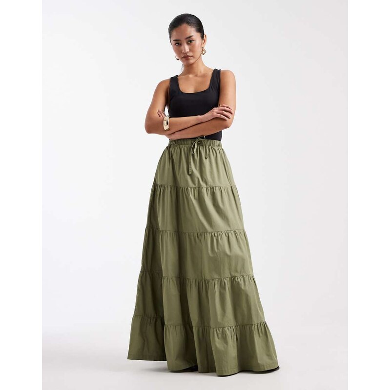 Threadbare poplin tiered maxi skirt in olive green