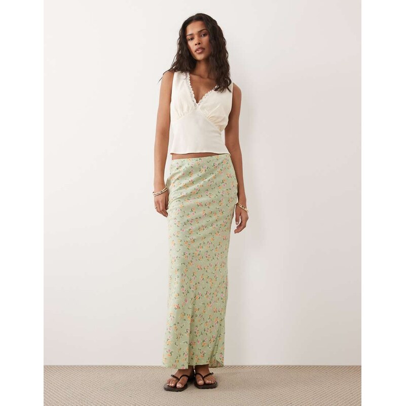 New Look floral spun bias midi skirt in green