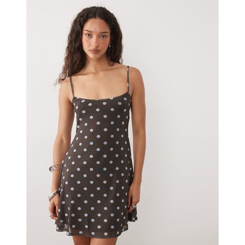 ASOS DESIGN cami mesh mini dress in chocolate polka dot-Brown