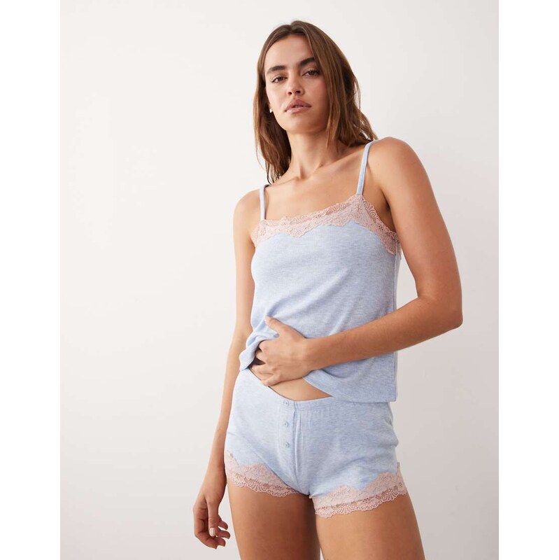 ASOS DESIGN rib cami and cheeky short nightwear set with lace