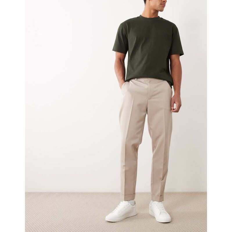 ASOS DESIGN tailored tapered trousers in stone with elasticated