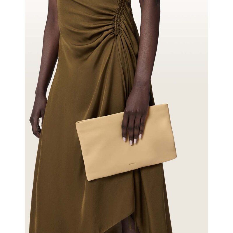 AllSaints Bettina lambs leather clutch bag in pale yellow 115589818