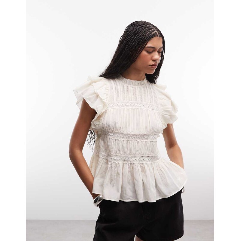 AllSaints Harriet thrilly lace ruched sleeveless top in off white 115589820