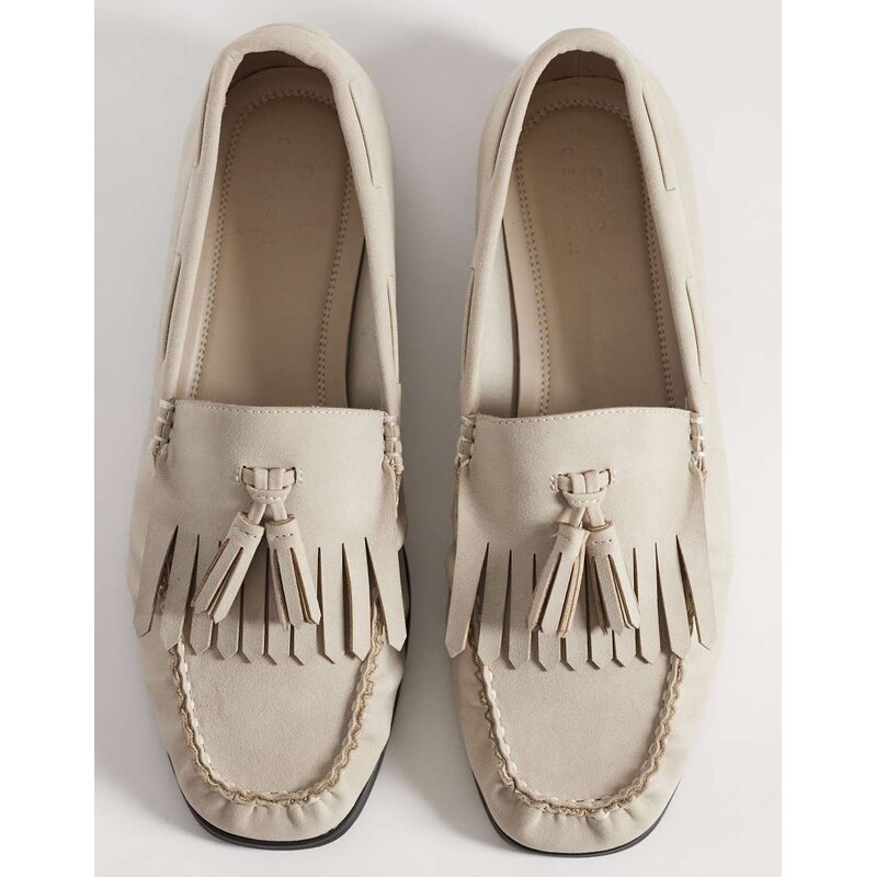 ASOS DESIGN penny loafers with fringing and ruched apron in stone-Neutral