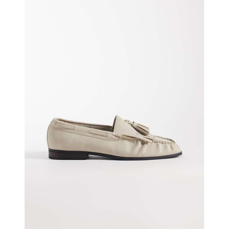 ASOS DESIGN penny loafers with fringing and ruched apron in stone-Neutral