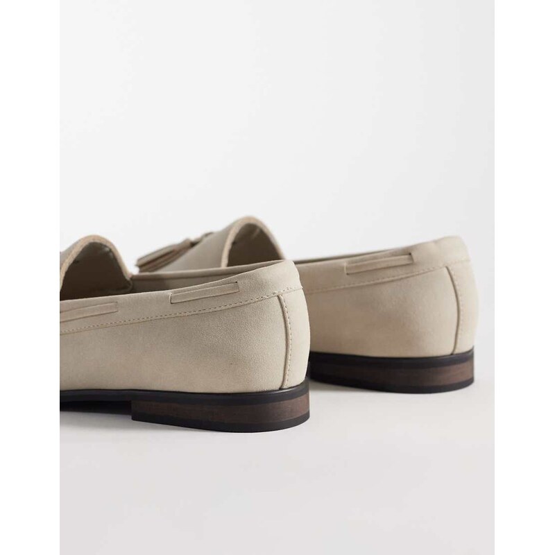 ASOS DESIGN penny loafers with fringing and ruched apron in stone-Neutral