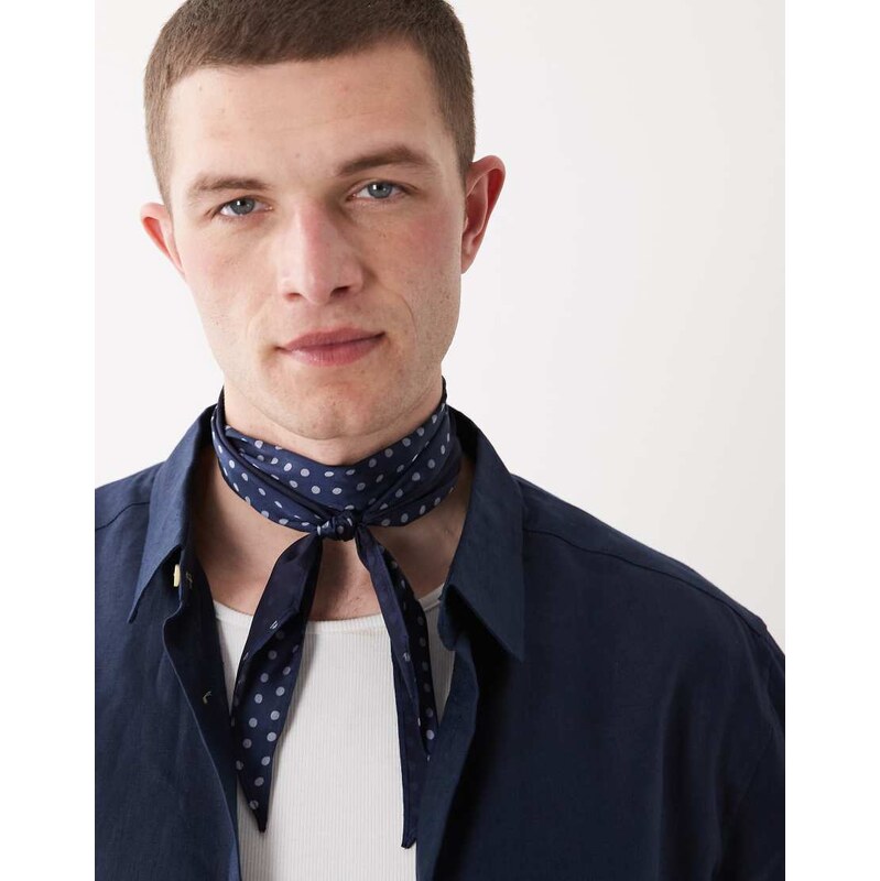 ASOS DESIGN polka dot satin pointed edge neck scarf in navy
