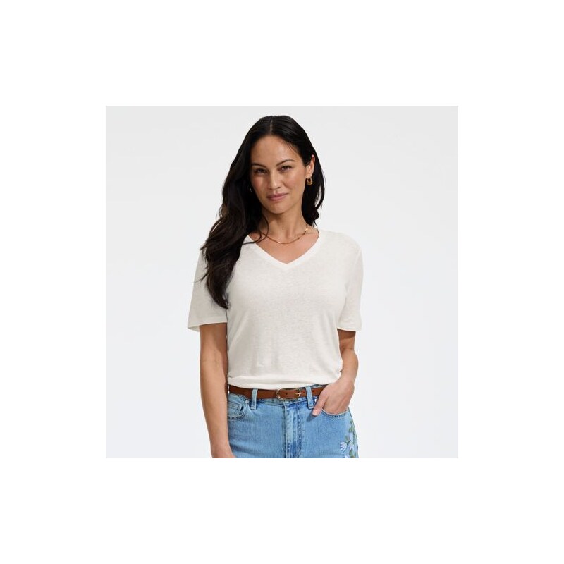 Soft Drape Linen Blend V-Neck T-Shirt, Women, size: S, regular,