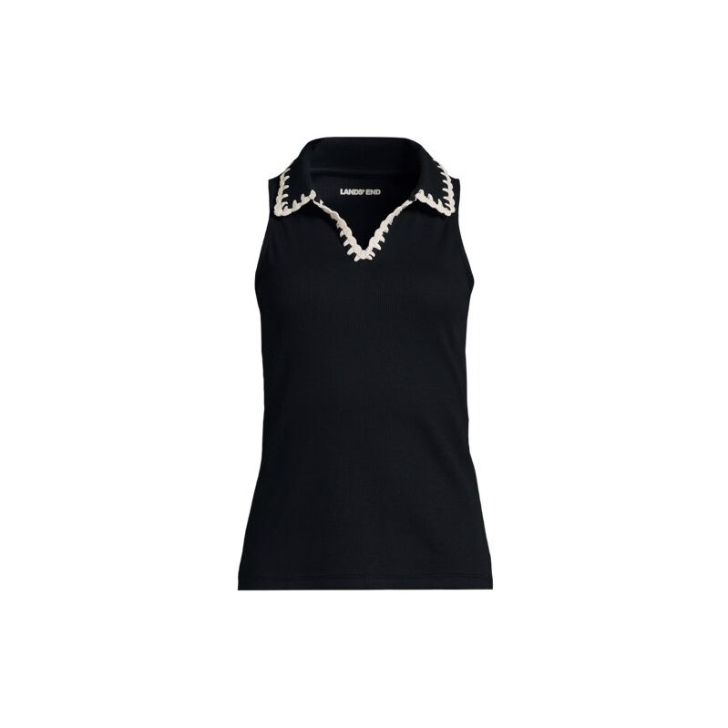 Sleeveless Micro Rib Polo Top, Women, size: 2X, plus, Black,
