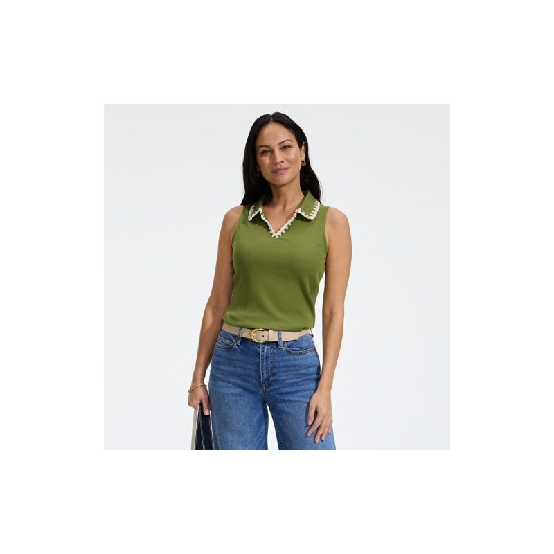 Sleeveless Micro Rib Polo Top, Women, size: M, regular, Green,