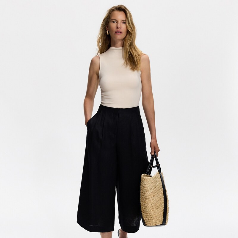 Reserved - Lněné kalhoty culotte - černý 115468098