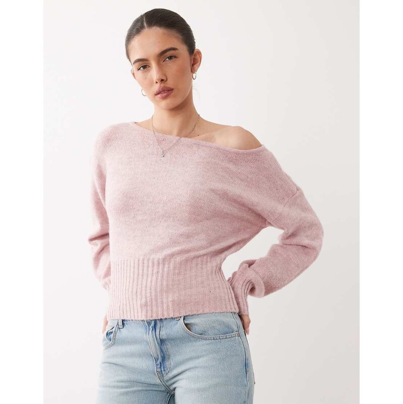 Cotton On luxe off shoulder knit top in blushed cloud-Pink