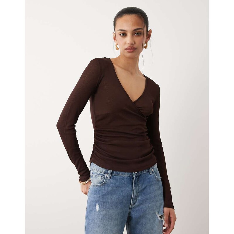 Cotton On v neck wrap top in dark oak-Brown