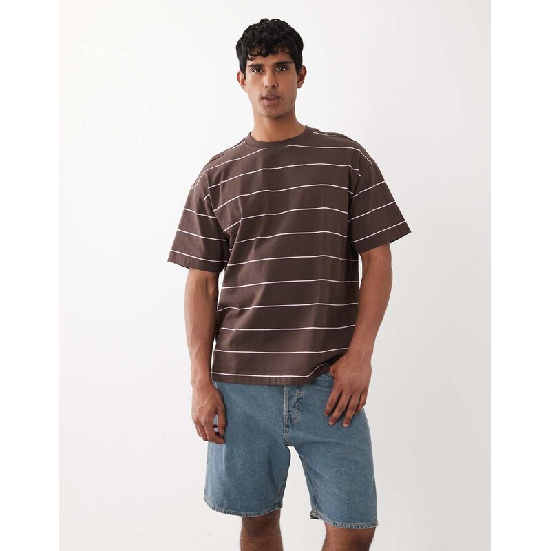 Cotton On box fit t-shirt in chocolate stripe-Multi
