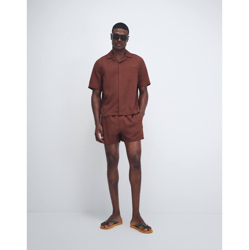 ASOS DESIGN co-ord swim shorts in linen look short length in brown