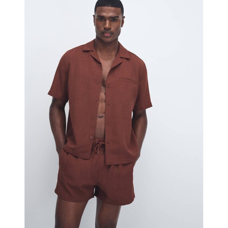 ASOS DESIGN co-ord swim shorts in linen look short length in brown